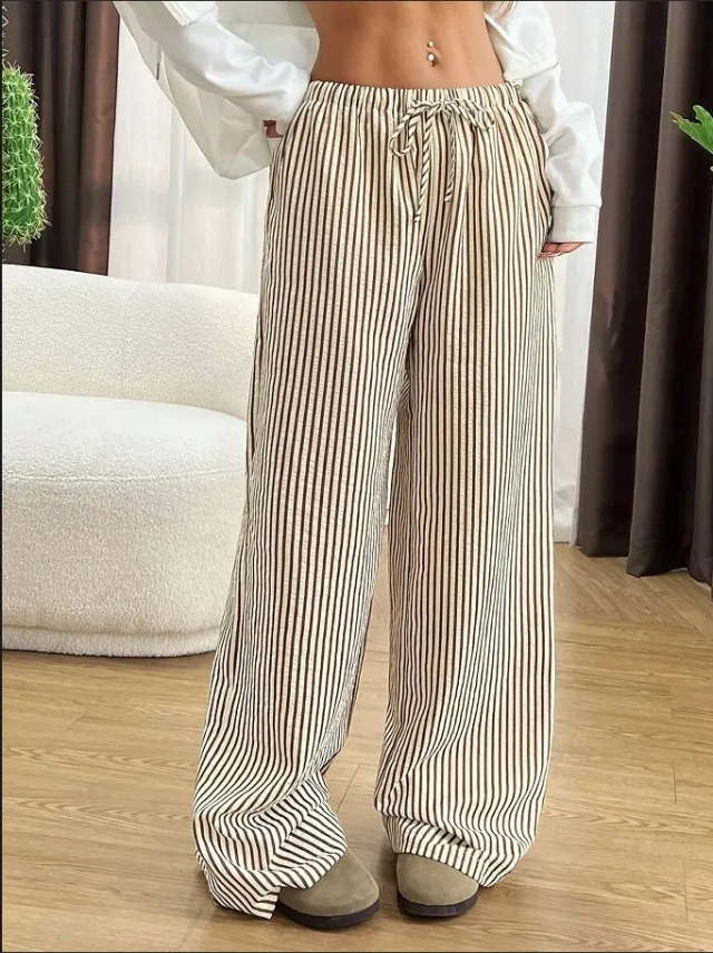 European And American Ladies Striped Loose Waist Adjustable Drawstring Maternity Casual Pants Dark Brown - Shop at LoveMi