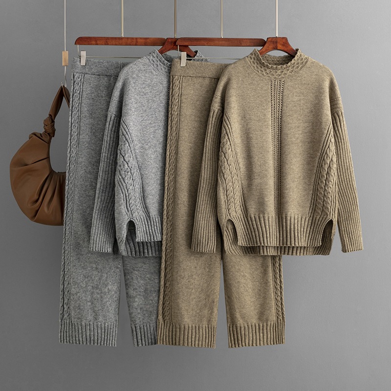 Casual Solid-color Loose-fit Knitted Turtleneck Sweater Two-piece Set