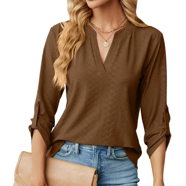 Women's V neck Buttons Solid Color Long Sleeve Loose fitting T shirt Top Brown - Shop at LoveMi