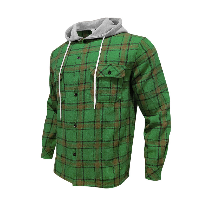 Men Flap Pocket Drawstring Hooded Plaid Shirt