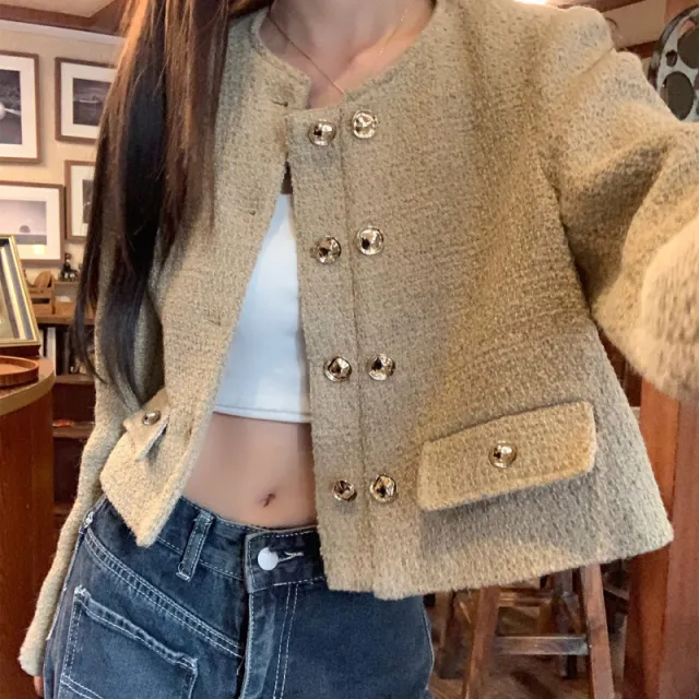 Apricot Round Neck All matching Fashion French Style Short Coat Apricot - Shop at LoveMi