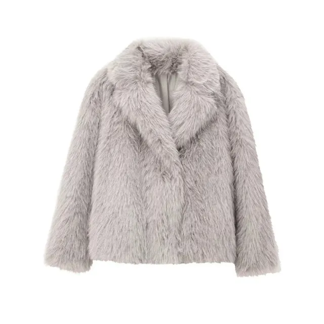 Women's Solid Color Fashionable Temperament Lapel Faux Fur Jacket Light Gray - Shop at LoveMi
