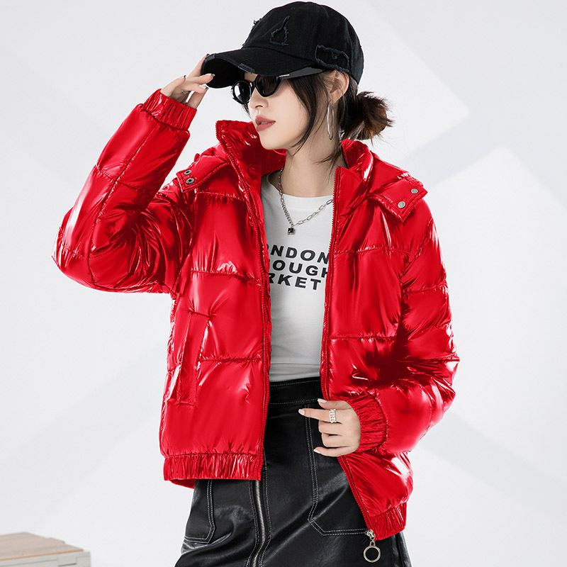 Glossy Hooded Cotton padded Coat Short Winter Women's Coat Coat Bread Coat Cotton padded Coat Red - Shop at LoveMi