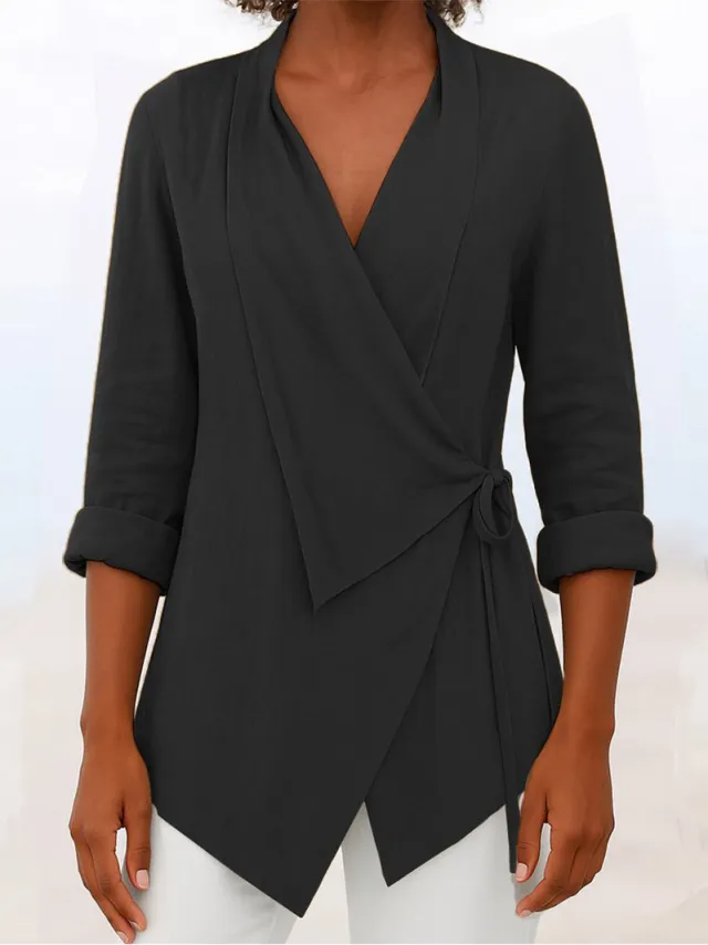 Women's Autumn And Winter V neck Cotton And Linen Solid Color Shirt Black - Shop at LoveMi