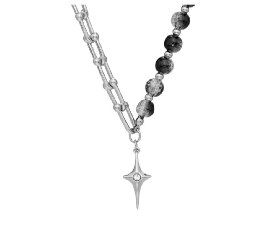Sterling Silver Beads Four Eight-pointed Stars Pendant Necklace