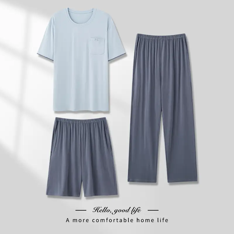 Men's Pajamas Thin Spring And Summer Modal Short-sleeved Trousers Three-piece Home Wear Suit