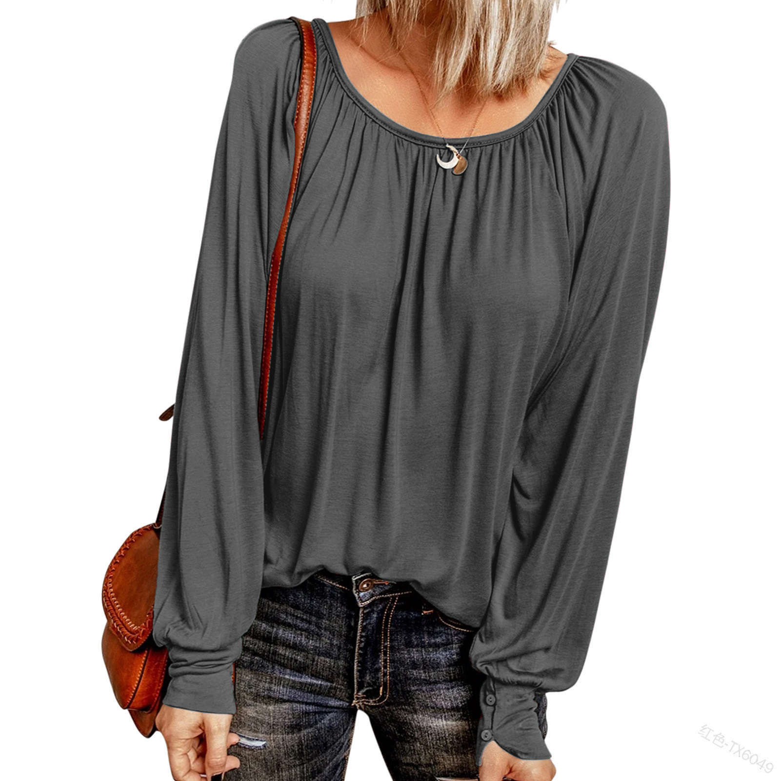 Solid Color Crew Neck Casual Pleated Long-sleeved Top For Women