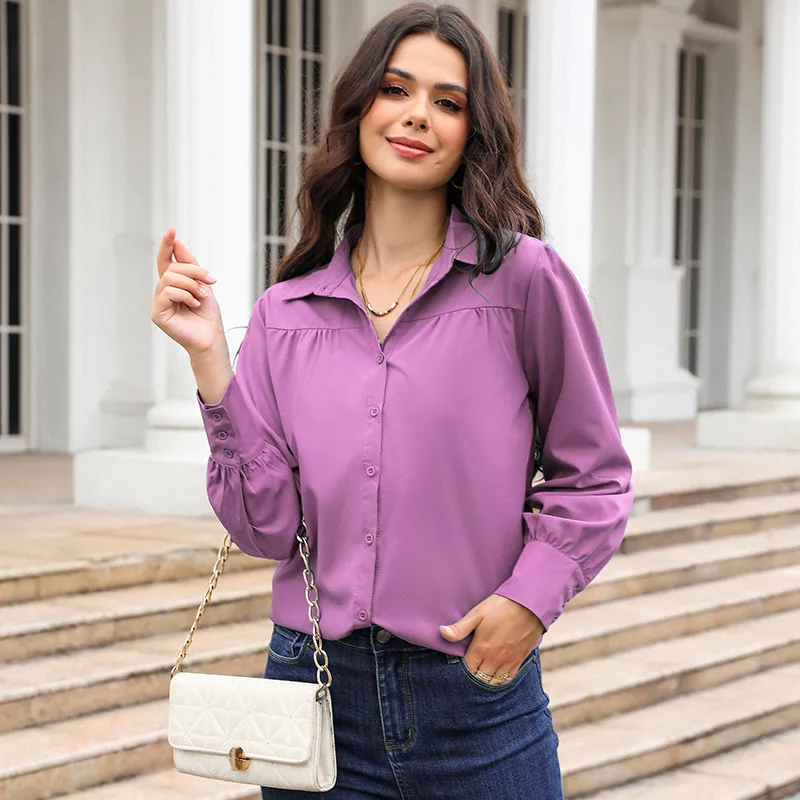 Solid Colour Loose Long Sleeves Women's Shirt - Purple