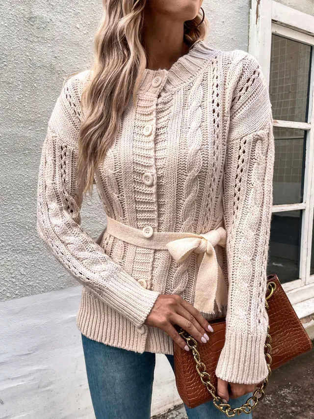 European And American Autumn And Winter Hemp Pattern Breasted Cardigan Sweater Coat White - Shop at LoveMi