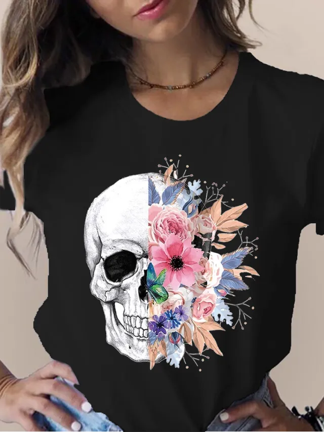 Women's Skull Flower Printed Round Neck Short Sleeve T shirt Black 3751 - Shop at LoveMi