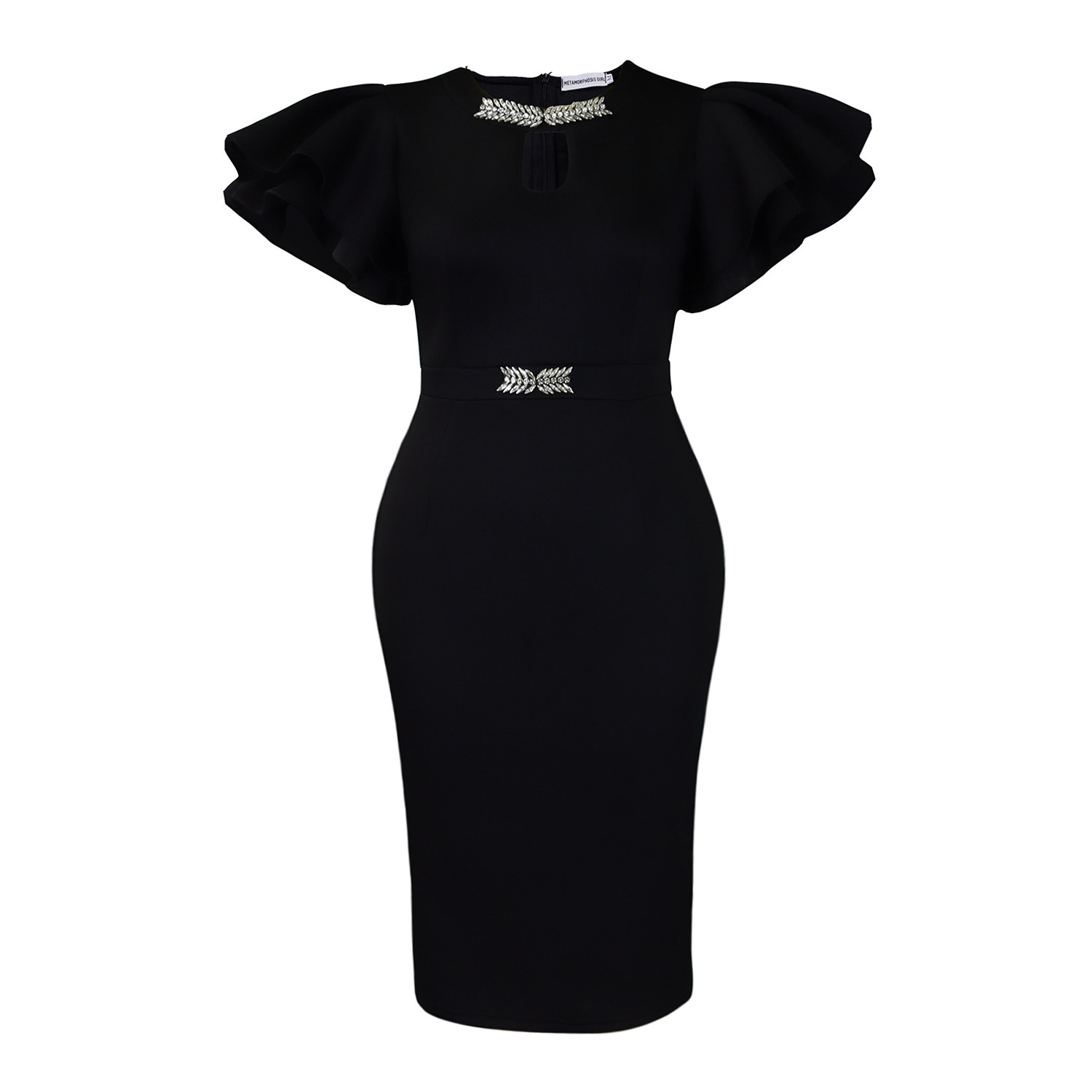 Summer Crew-neck Ruffled-sleeve Rhinestone-embellished Sheath Dress