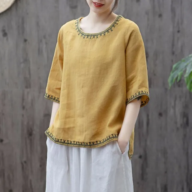 Artistic Retro Cotton And Linen Solid Color Embroidered Crew Neck Half Sleeve Yellow - Shop at LoveMi