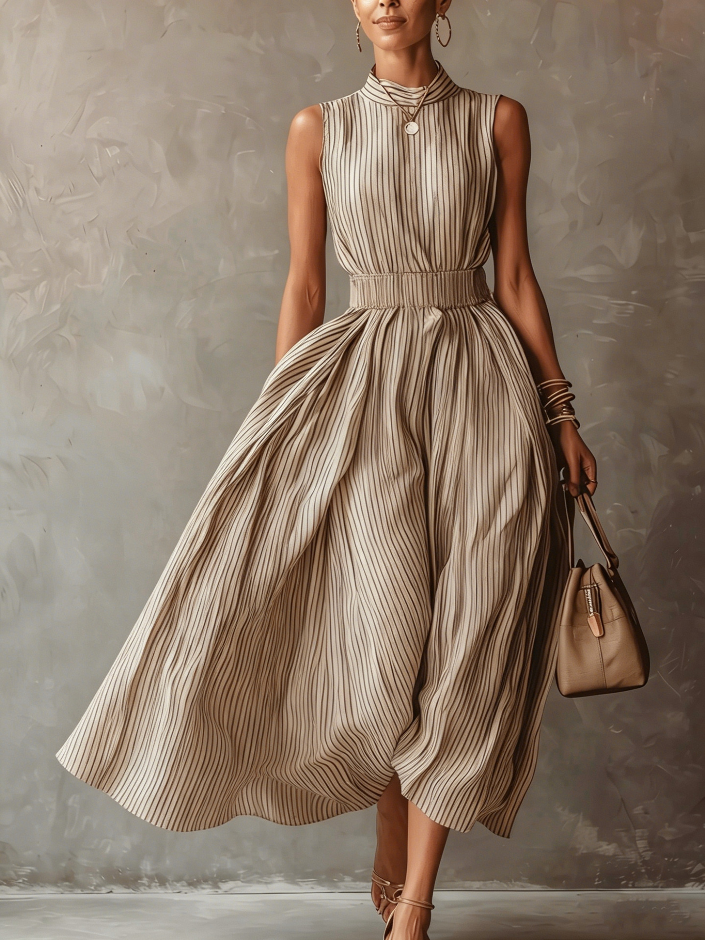 Sleeveless Waist-cinched Striped Womens Dress