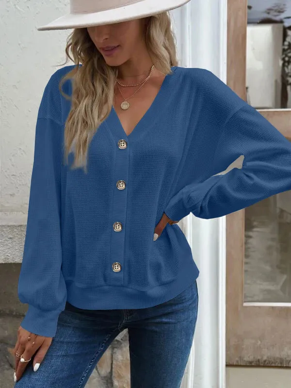 Solid Color Buttons V neck Loose Long sleeved T shirt Blue - Shop at LoveMi