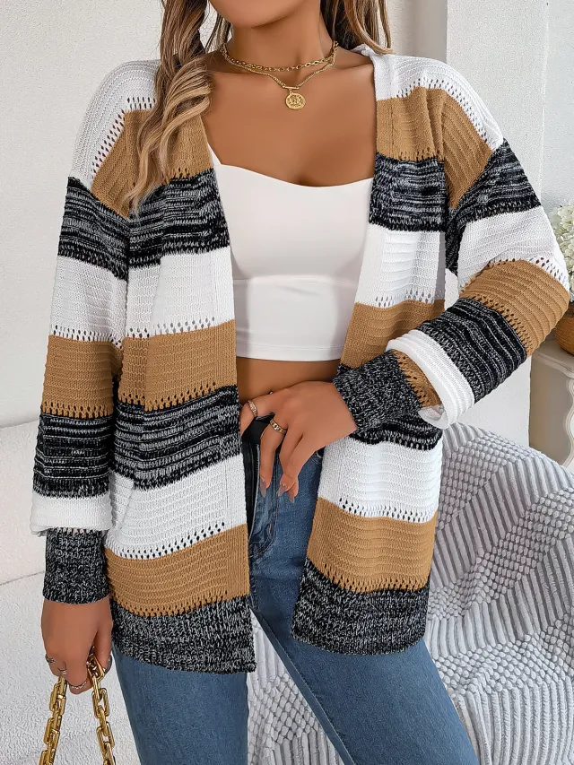 Casual Hollow Contrast Color Striped Lantern Sleeve Cardigan Sweater Khaki - Shop at LoveMi