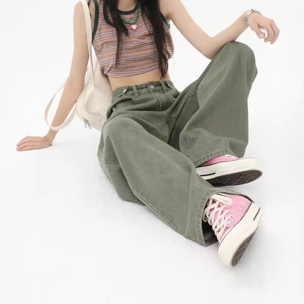 Green High Waist Wide Leg Jeans For Women Loose Drooping