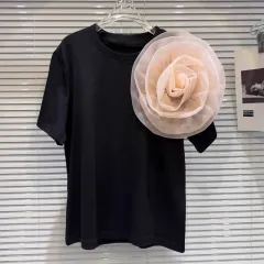 Round Neck Short Sleeve Three-dimensional Large Flower Decorative Pin Loose Designer Model T-shirt - White And Black Flowers - View 1