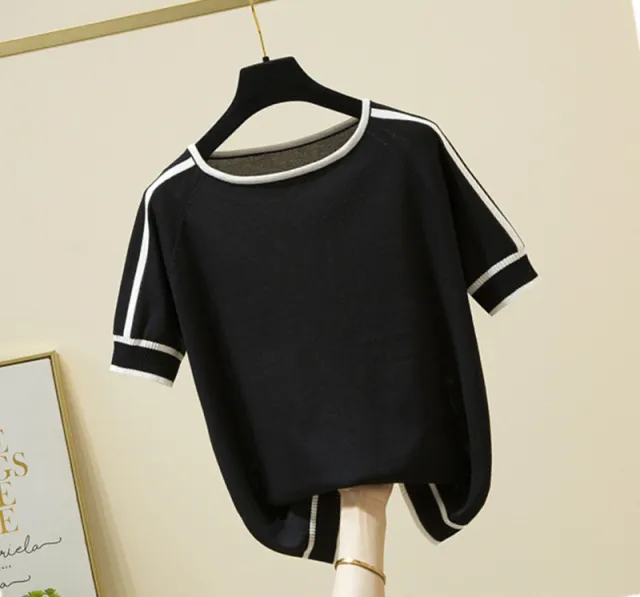 Thin Ice Silk Short Sleeve Summer Loose Top Sweater Black - Shop at LoveMi