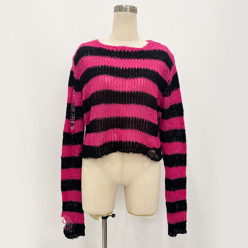 Womens Short Crew-neck Striped Pullover Knit Sweater
