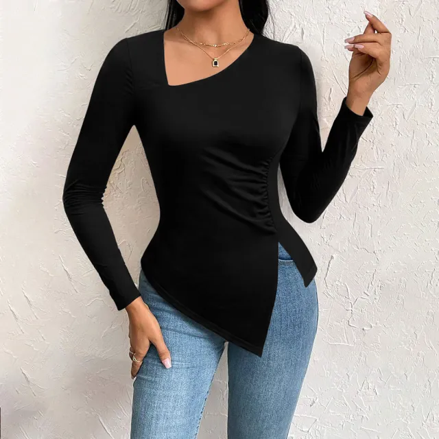Women's Fashion Oblique Collar Autumn And Winter New Versatile Commuter Long sleeved Top Black - Shop at LoveMi
