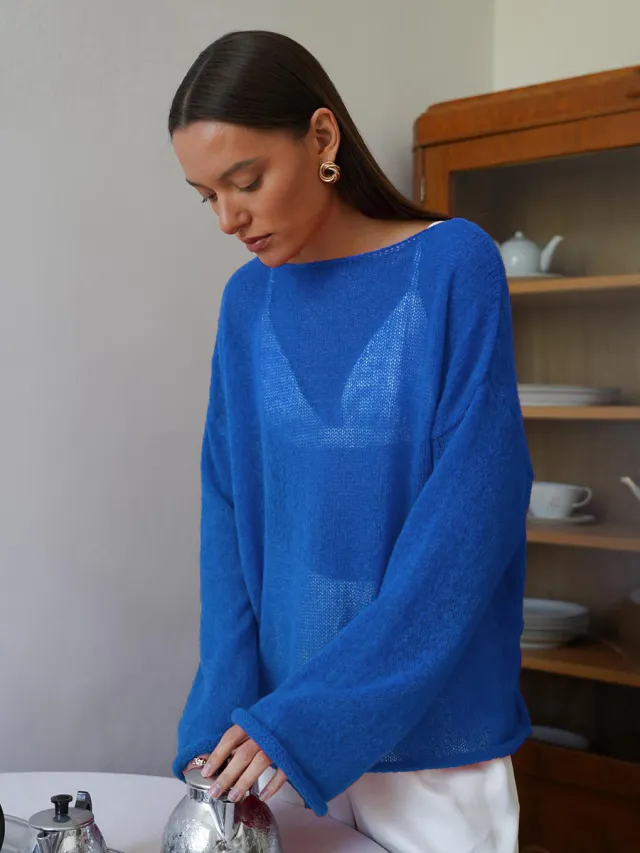 Hollow Sweater Thin Scoop Bell Sleeve Women Sapphire Blue - Shop at LoveMi