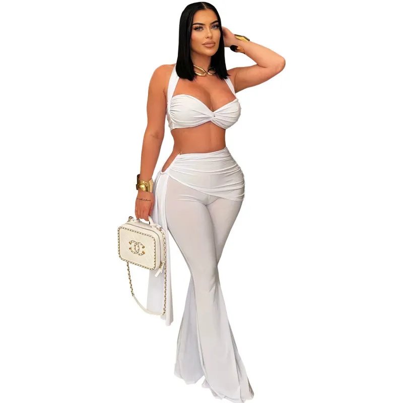 Sexy Temperament Comfortable Casual Summer Tube Top Tie-dye Solid Colour Pants Suit - C7485 White