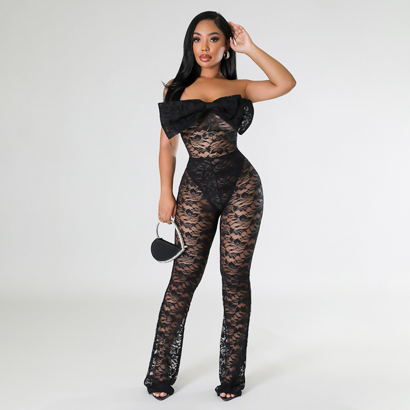 Title 7, Sexy Bow Tube Top Hollow Out See-through Jumpsuit