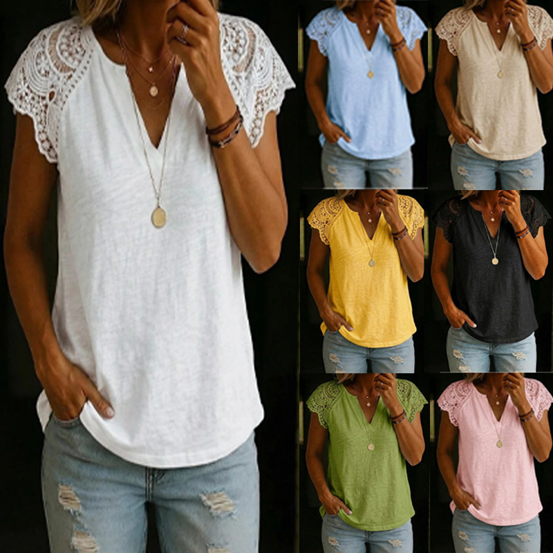 Women's Casual Lace-Patchwork Cotton V-Neck Shirt