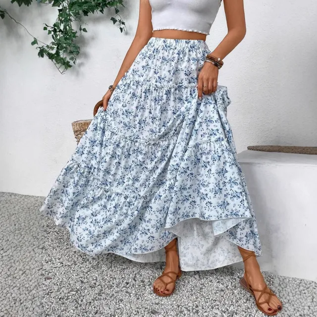 Women's Patchwork Floral Print Chiffon Pleated High Waist Midi Skirt Sky Blue - Shop at LoveMi