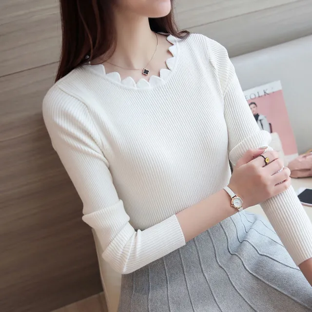 New Lacework Round neck Long Sleeve Pullover Inner Wear Slim Fit Sweater For Women White - Shop at LoveMi
