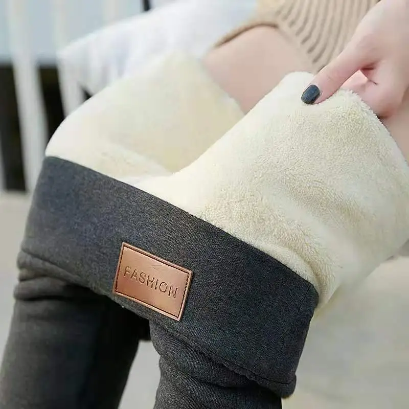 Women's Winter Outerwear Lambswool Cotton Slim Fitted Waist High Waist Warm-keeping Pants - Leather Tag Gray