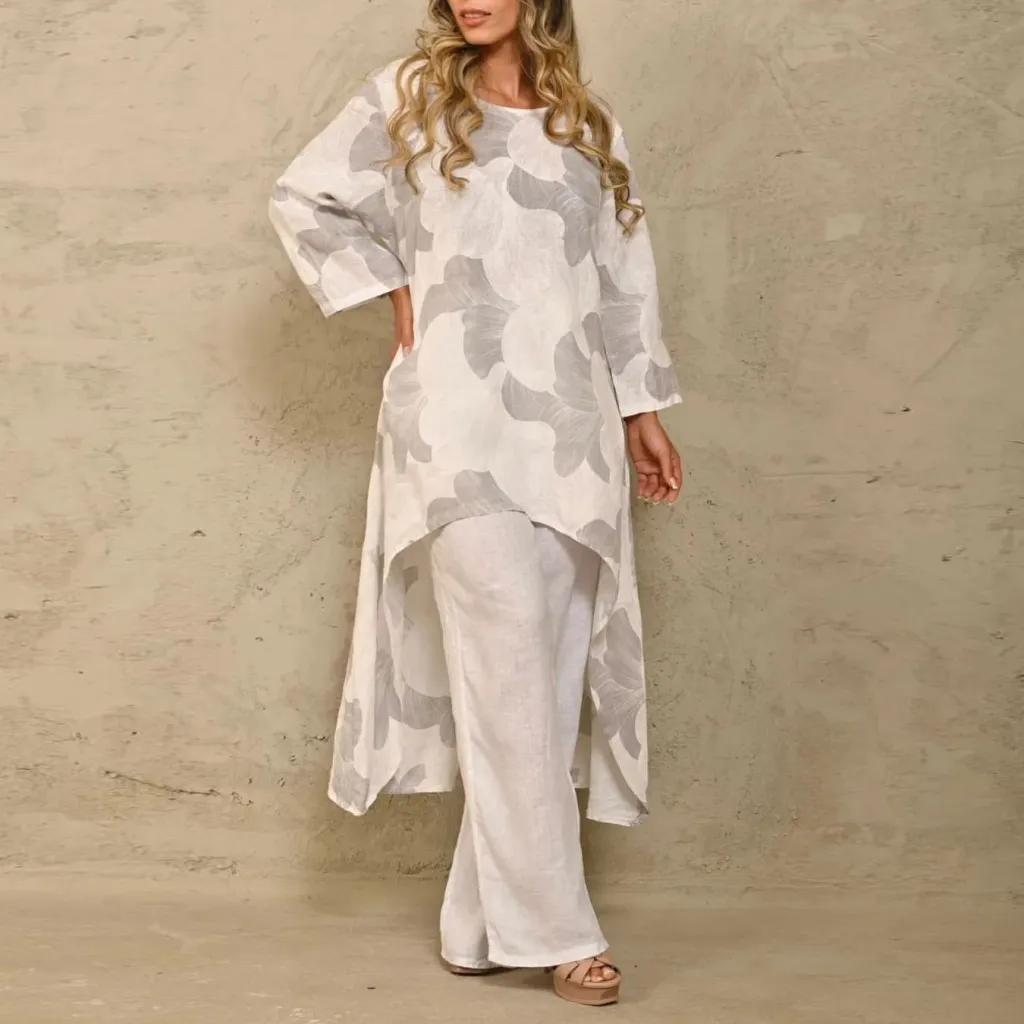 Loose Plus Size Print Irregular Top Suit - Beige