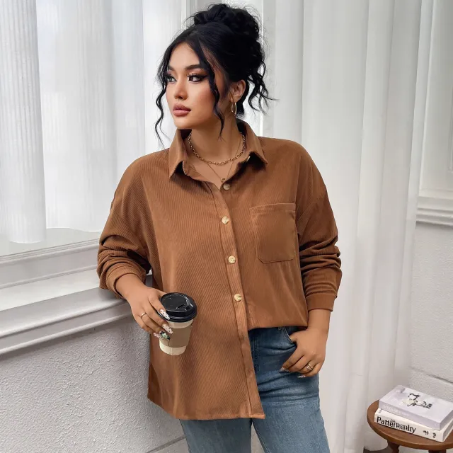 Women's Shirt Solid Color Lapel Corduroy Casual Dark Brown - Shop at LoveMi