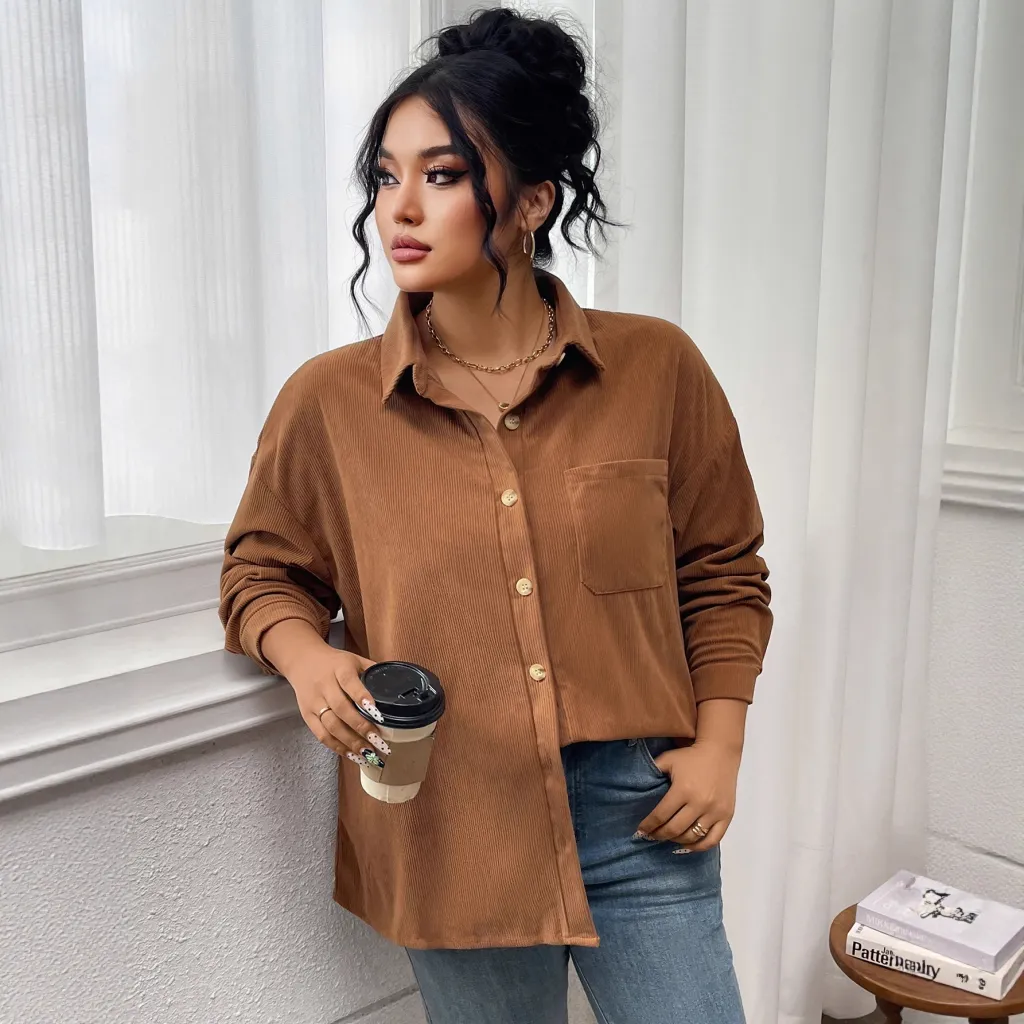 Women's Shirt Solid Color Lapel Corduroy Casual - Dark Brown