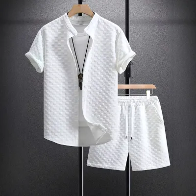 Men's Jacquard Casual Short Sleeve Shirt Outfit