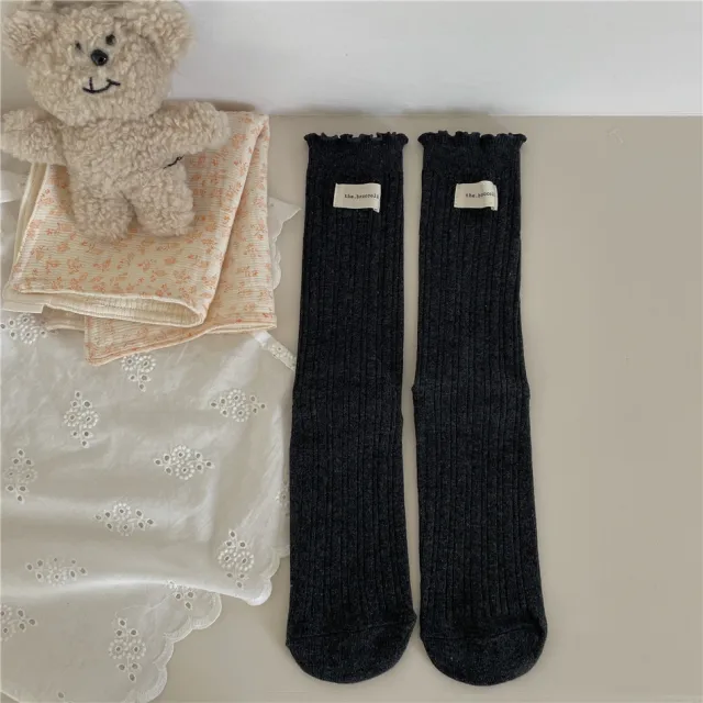 New Autumn And Winter Sweet Ruffled Socks For Girls Solidcolor Mid calf Length Ink Gray - Shop at LoveMi