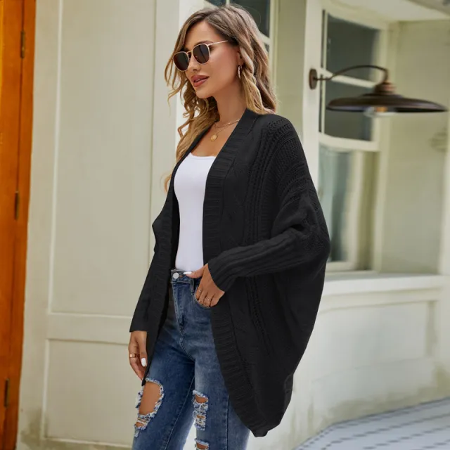 Solid Color Irregular Shawl Twisted Batwing Sleeve Sweater Cardigan Black - Shop at LoveMi