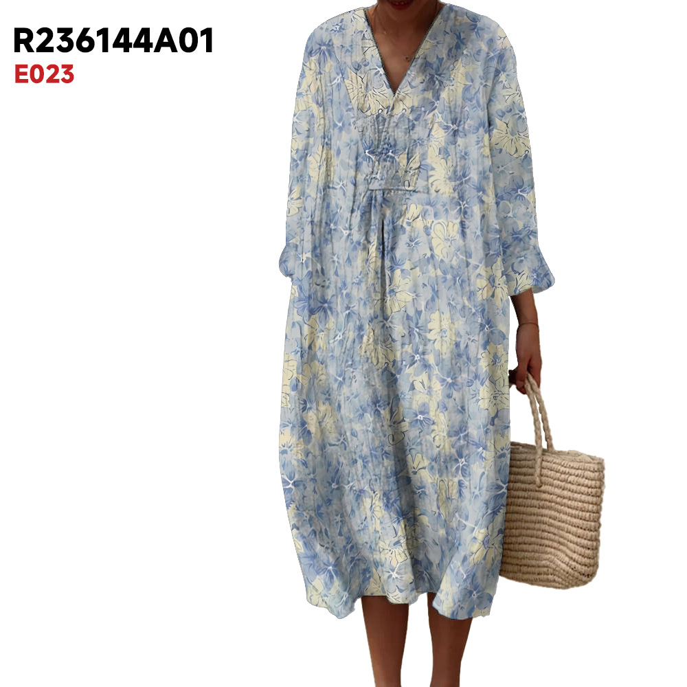 Women's Spring And Summer New Digital Printing Large Width V-neck Long-sleeve Dress