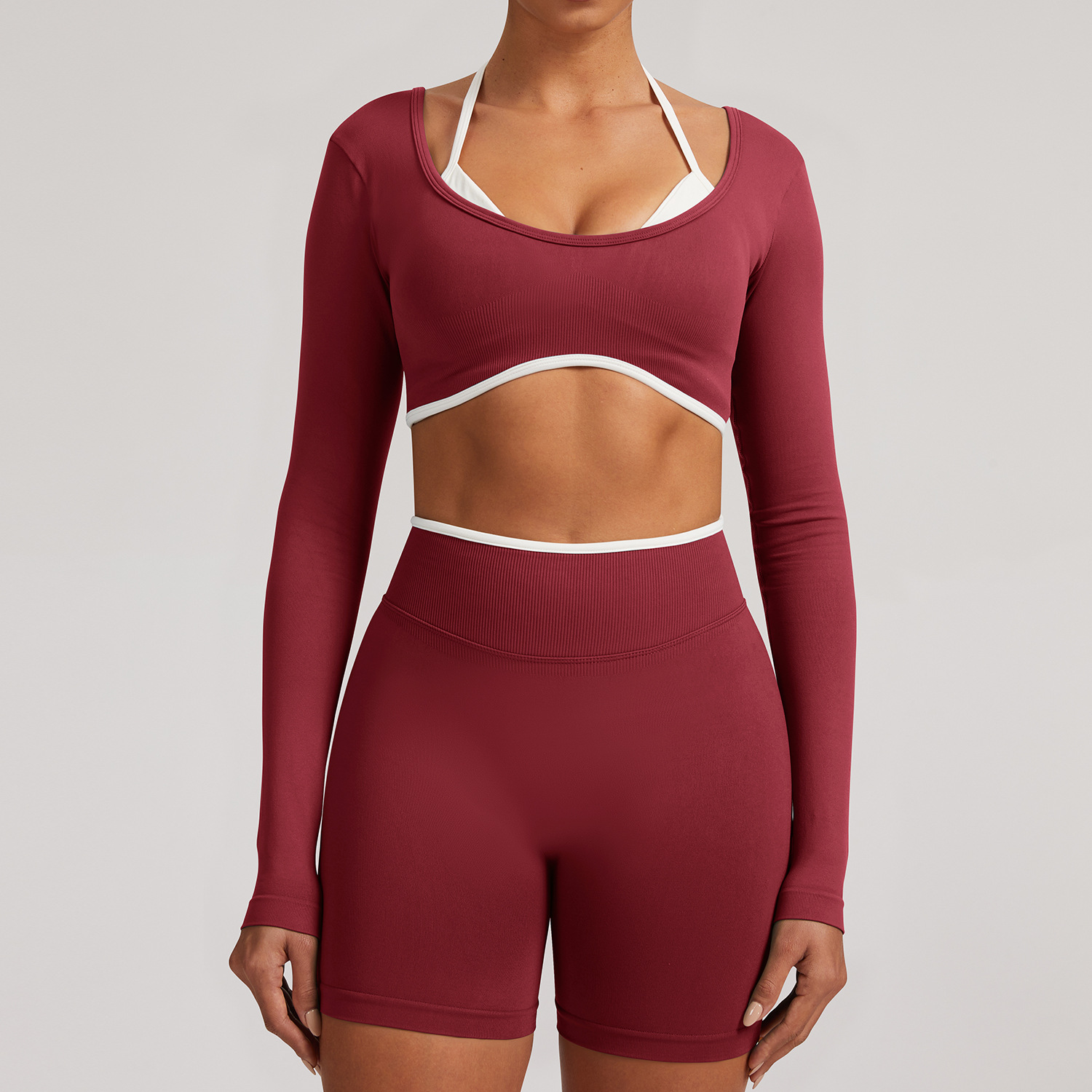 Seamless Faux Two-piece Long-sleeve Yoga Top For Women