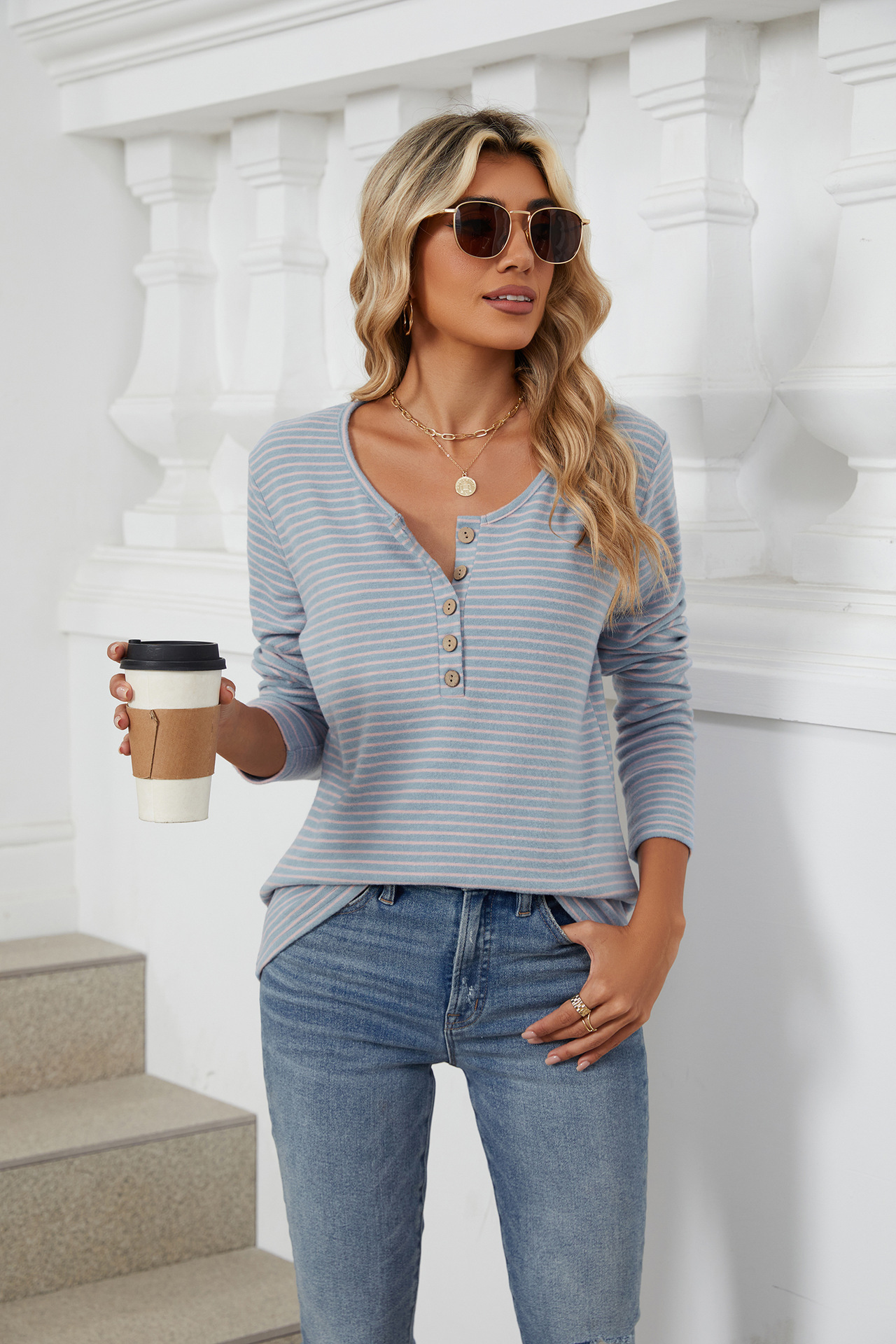 Title 7, Round Neck Button Solid Color Striped Casual T-...