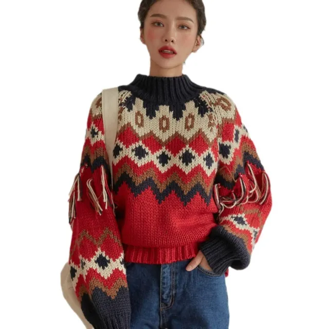 New Christmas Style Contrast Color Dotted Tassel Pullover Thick Sweater Red - Shop at LoveMi