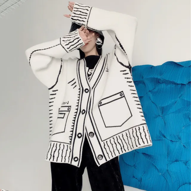 Graffiti Sweater Cardigan For Women V neck Knitted Jacket White - Shop at LoveMi