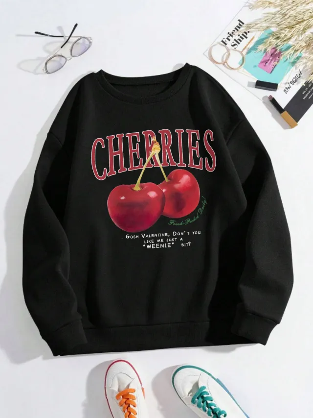 Fashion Women's Sweatshirt Fresh Red Cherry Printed Sweater Black - Shop at LoveMi