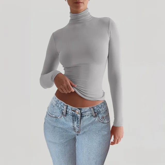 Women's Slim fit Solid Color Knitted Base Long Sleeve Shirt Gray - Shop at LoveMi