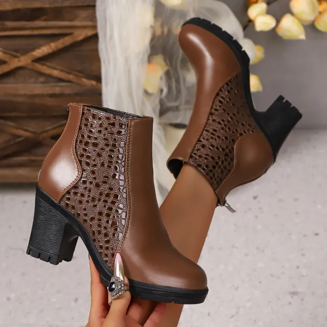Womens Autumn High Heels In European And American Styles With Chunky Heels And Back Zippers Brown - Shop at LoveMi