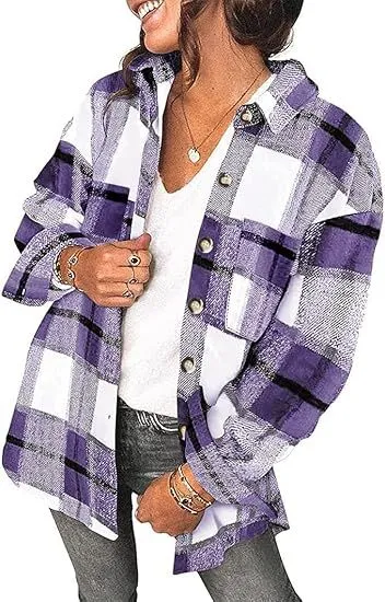 Fashionable Jacket Women's Brushed Woolen Jacket Plaid Purple - Shop at LoveMi