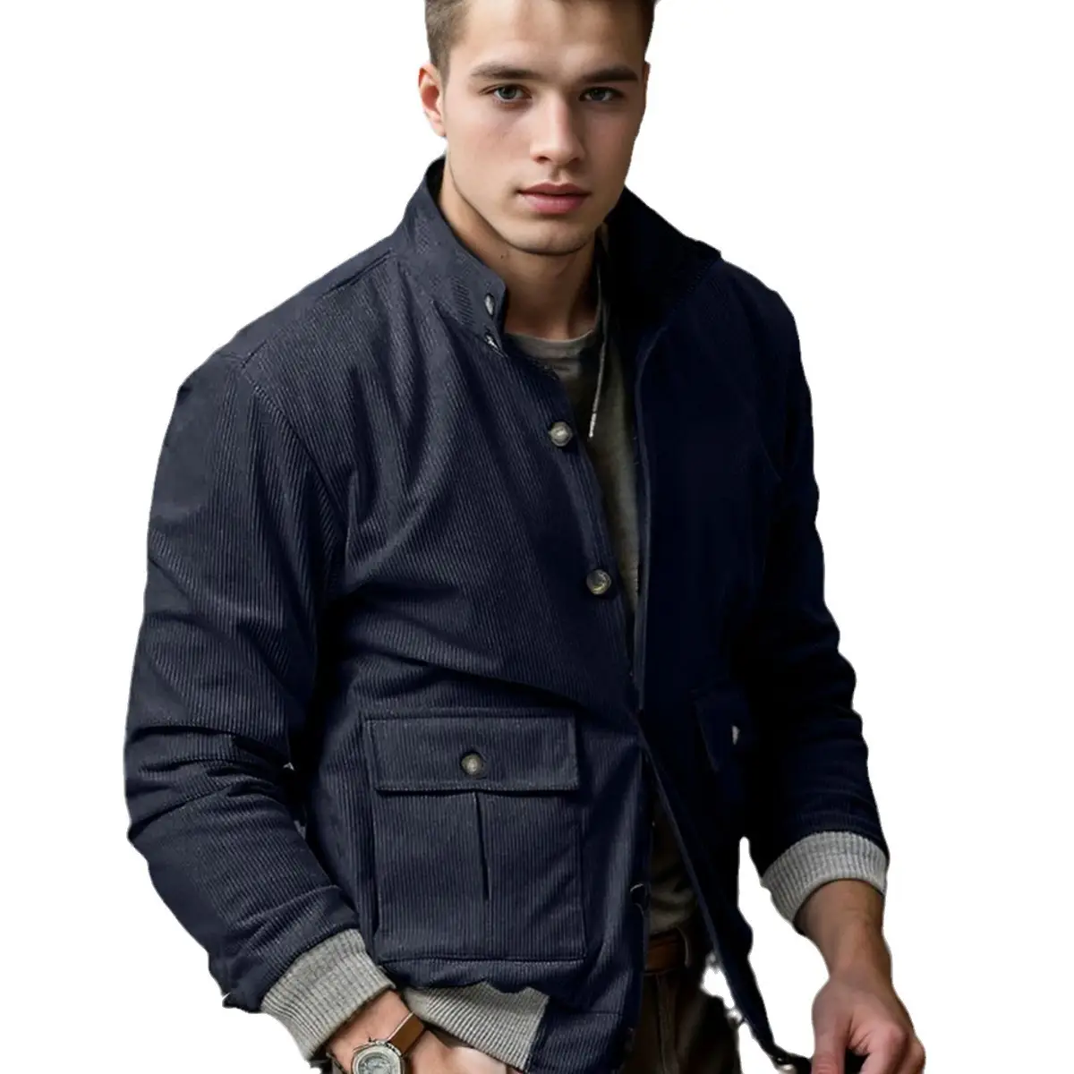 Men's Rib Color Matching Long Sleeve Fashionable Jacket