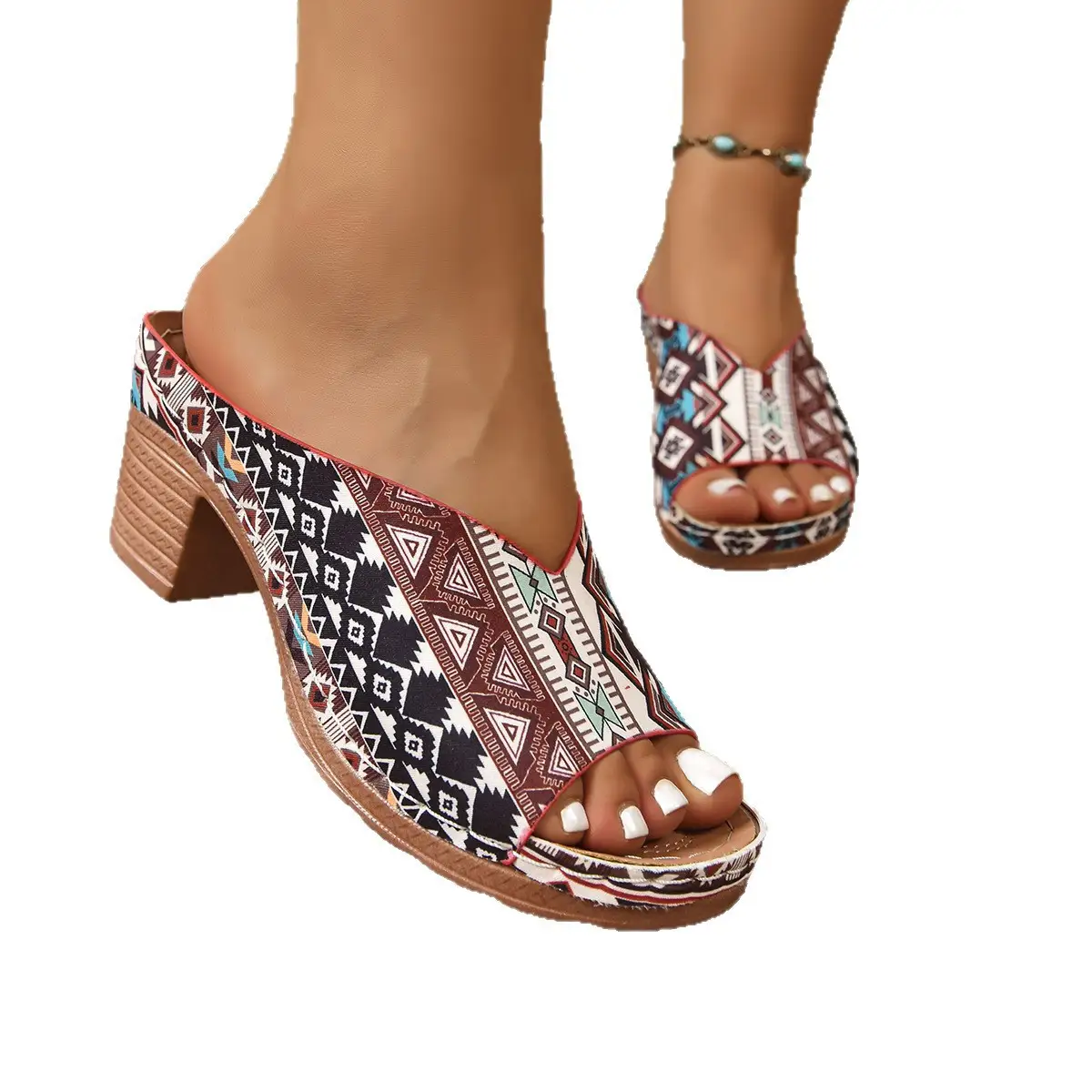 Women's Casual Floral Block-Heel Peep-Toe Slide Sandals