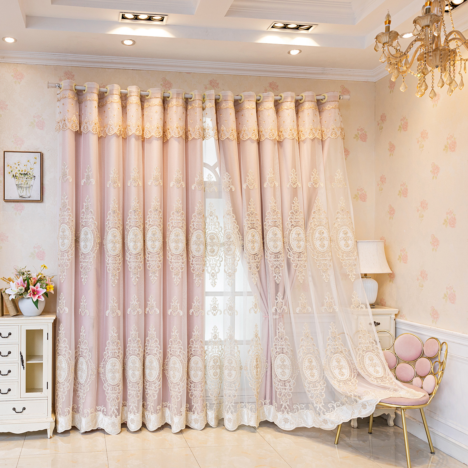 Velvet Embroidery European-style Beaded Embroidered Sheer Curtains