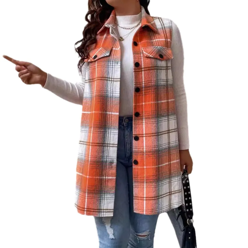 Plus Size Plaid Sleeveless Vest - Orange